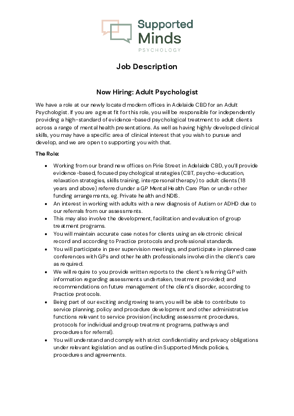 Job Description Adult Psychologist